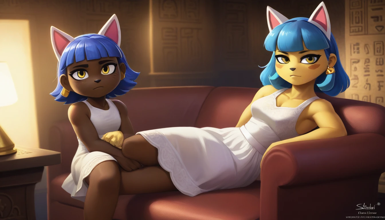 Eye, Animal Crossing Muscle, hairy, Blue Hair, Hair accessories, Yellow skin, 黑Eye, White Dress, Tail, Looking at the audience, Serious, Cross your legs, from_below, His sofa, Inside the living room, Hieroglyphics, high quality, masterpiece, 1 Girl，Cat ears，Dark skin tone，clothing，earrings，Jackal ears，Jewelry，Long hair, White Dress, Sit at your desk, She wrote a heartfelt letter, Her expression is both nostalgic and wistful, Dramatic Lighting, Detailed background, masterpiece, best quality, high quality, absurd, The award-winning, professional, Very detailed