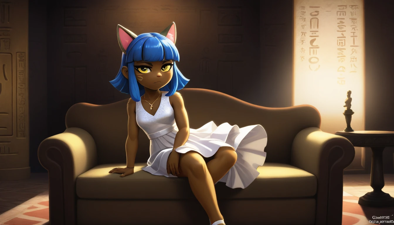 Eye, Animal Crossing Muscle, hairy, Blue Hair, Hair accessories, Yellow skin, 黑Eye, White Dress, Tail, Looking at the audience, Serious, Cross your legs, from_below, His sofa, Inside the living room, Hieroglyphics, high quality, masterpiece, 1 Girl，Cat ears，Dark skin tone，clothing，earrings，Jackal ears，Jewelry，Long hair, White Dress, Sit at your desk, She wrote a heartfelt letter, Her expression is both nostalgic and wistful, Dramatic Lighting, Detailed background, masterpiece, best quality, high quality, absurd, The award-winning, professional, Very detailed