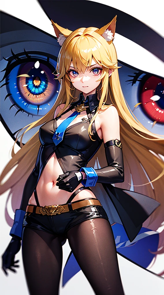 (Eye size:1.5),(close up of face:1.0) long yellow hair, black gloves, paw gloves, navel, elbow gloves, girl's marcia blouse