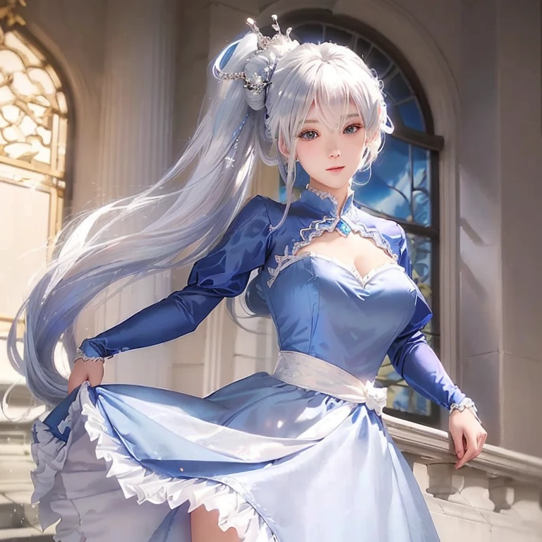 anime - style image of a woman in a blue dress posing for a picture, cute anime waifu in a nice dress,  in dress, royal elegant pose, beautiful alluring anime woman, beautiful anime woman, silver hair (ponytail), white haired deity, cute elegant pose, ”beautiful anime woman, beautiful anime girl, fine details. girls frontline