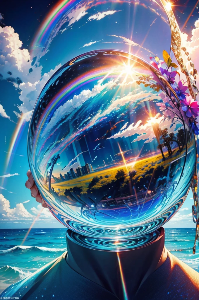 (Highest quality), (8K), (Highest quality), (live-action), (Realistic photos), summer、summerを感じる物、summerを感じる風景, Wave、blue sky, Rainbow and sunshine shining.16K, Ultra-high resolution, Shining in rainbow colors、to be born,wonderful ,future、Iridescent、The world 30 years from now。