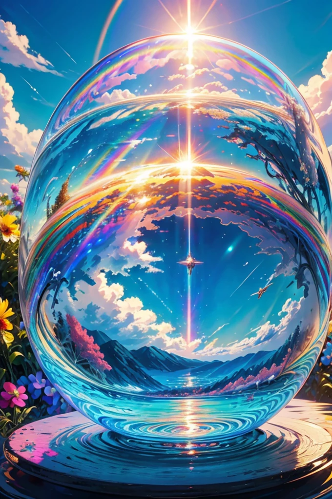 (Highest quality), (8K), (Highest quality), (live-action), (Realistic photos), summer、summerを感じる物、summerを感じる風景, Wave、blue sky, Rainbow and sunshine shining.16K, Ultra-high resolution, Shining in rainbow colors、to be born,wonderful ,future、Iridescent、The world 30 years from now。