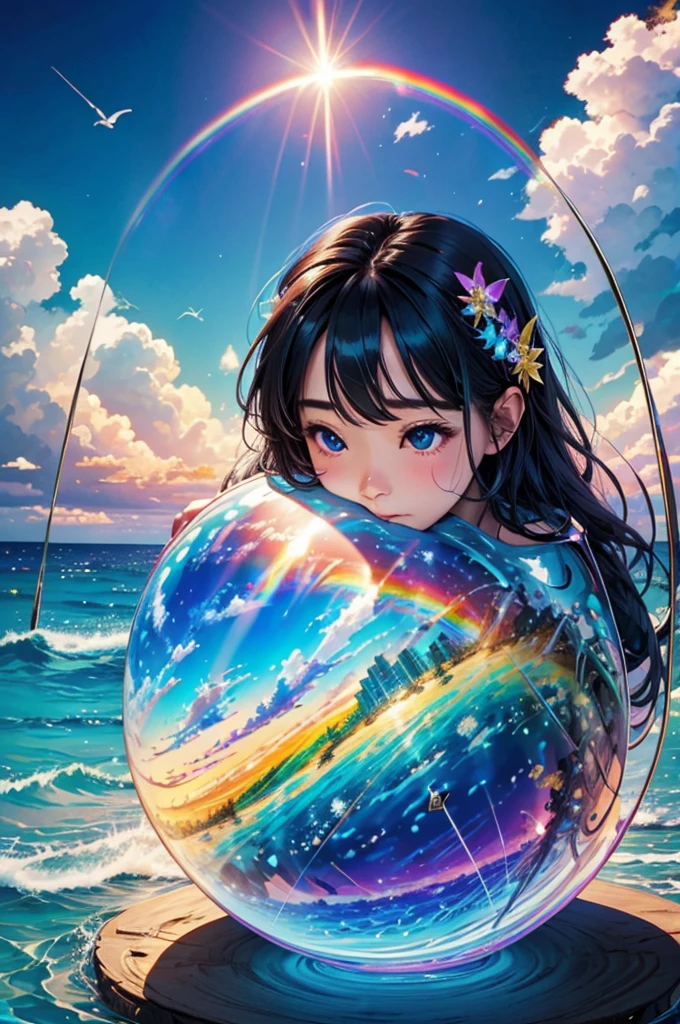 (Highest quality), (8K), (Highest quality), (live-action), (Realistic photos), summer、summerを感じる物、summerを感じる風景, Wave、blue sky, Rainbow and sunshine shining.16K, Ultra-high resolution, Shining in rainbow colors、to be born,wonderful ,future、Iridescent、The world 30 years from now。
