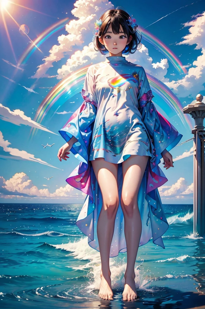 (Highest quality), (8K), (Highest quality), (live-action), (Realistic photos), summer、summerを感じる物、summerを感じる風景, Wave、blue sky, Rainbow and sunshine shining.16K, Ultra-high resolution, Shining in rainbow colors、to be born,wonderful ,future、Iridescent、The world 30 years from now。