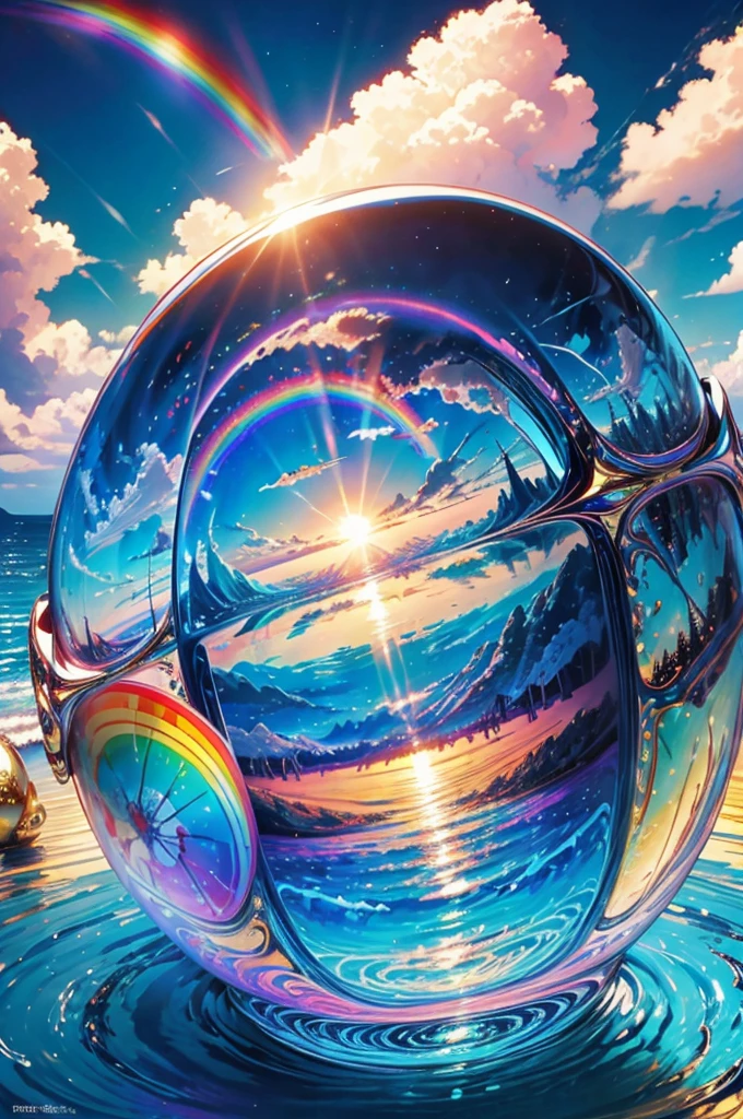 (Highest quality), (8K), (Highest quality), (live-action), (Realistic photos), summer、summerを感じる物、summerを感じる風景, Wave、blue sky, Rainbow and sunshine shining.16K, Ultra-high resolution, Shining in rainbow colors、to be born,wonderful ,future、Iridescent、The world 30 years from now。
