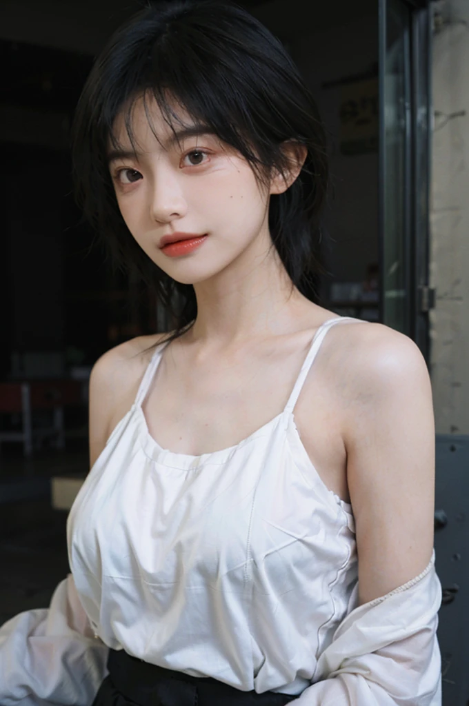 1 girl，Model，Upper Body，short hair,A faint smile,serene, calm，Moles under the eyes,Exquisite eyes, Delicate face,Lipstick,earrings,Hair details, skirt，（Dress conservatively：1.3）(Large Breasts:1.2),outdoor,background,城市background，(Skin details:1.4),(Realistic and detailed eyes：1.2）, Natural skin texture, Realistic facial details,Close-up of face,Portrait Photography,(Portrait Photography:1.1), (smooth skin textures:1.3), (Highest quality real skin textures:1.4), Direct vision,Soft dramatic lighting, Vivid details, 35 mm film, (Photo Practical:1.4), (hyper Practical:1.4), (Practical:1.3), (Smoother lighting:1.05), (Improve lighting quality:0.9), (Enhance the beauty of skin texture:1.1), Depth of Field, Bokeh, Surrealism, Ray Tracing, ( Surrealism, High Detail, Chiaroscuro, Ray Tracing, reflected light, Ultra HD, Ultra HD, masterpiece, Textured Skin, Super Detail, High Detail, high quality, best quality