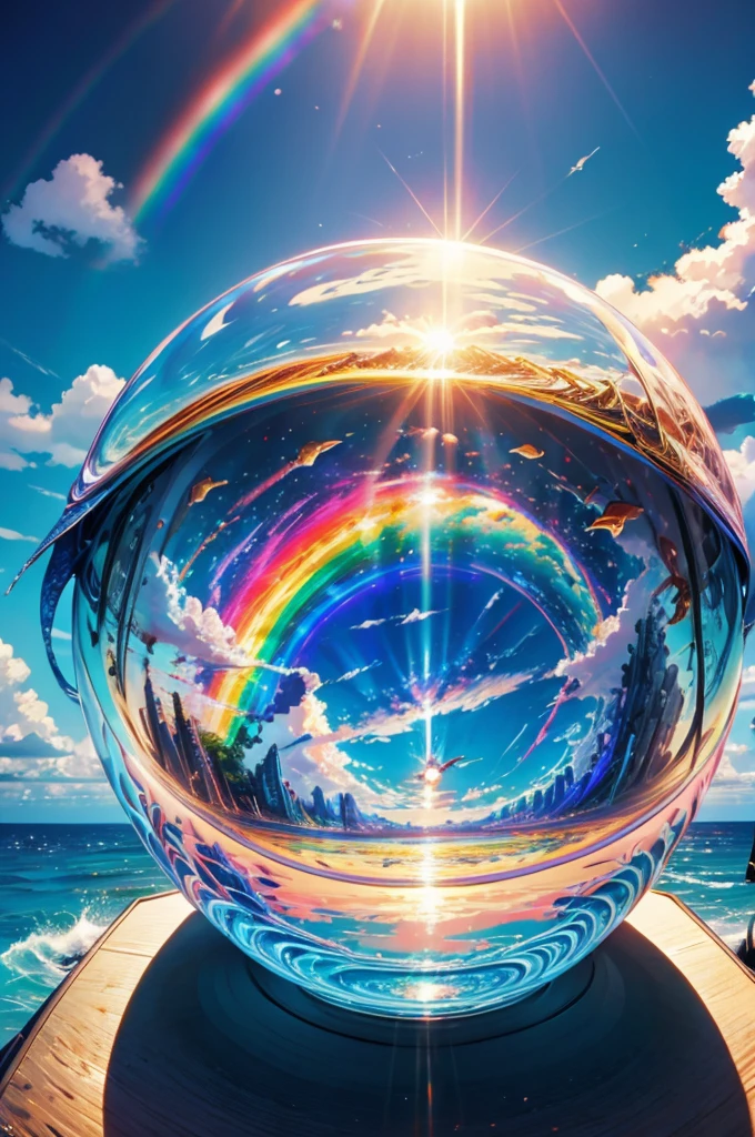 (Highest quality), (8K), (Highest quality), (live-action), (Realistic photos), summer、summerを感じる物、summerを感じる風景, Wave、blue sky, Rainbow and sunshine shining.16K, Ultra-high resolution, Shining in rainbow colors、to be born,wonderful ,future、Iridescent、The world 30 years from now。