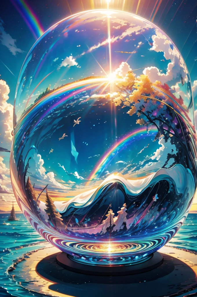 (Highest quality), (8K), (Highest quality), (live-action), (Realistic photos), summer、summerを感じる物、summerを感じる風景, Wave、blue sky, Rainbow and sunshine shining.16K, Ultra-high resolution, Shining in rainbow colors、to be born,wonderful ,future、Iridescent、The world 30 years from now。