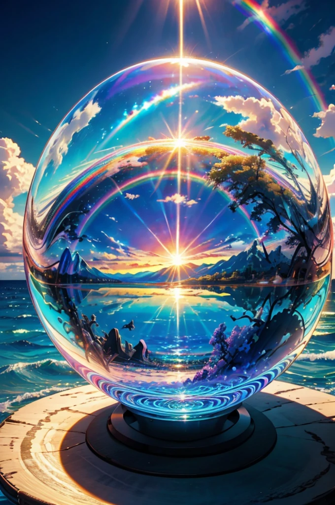 (Highest quality), (8K), (Highest quality), (live-action), (Realistic photos), summer、summerを感じる物、summerを感じる風景, Wave、blue sky, Rainbow and sunshine shining.16K, Ultra-high resolution, Shining in rainbow colors、to be born,wonderful ,future、Iridescent、The world 30 years from now。