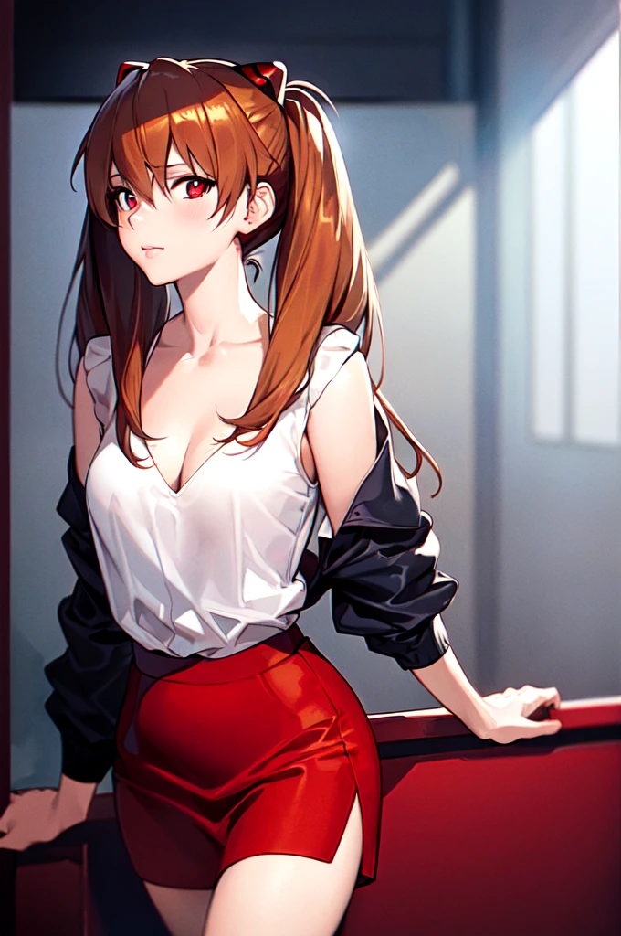 {{{{Neon Genesis Evangelion, Asuka Langley:1.9}}}}, ((Battle Scenes)), (Rifle in one hand),8k, Best Quality, Super detailed, It is high resolution., Highly detailed CG, Clear, Best aesthetic, Great shading, (Photorealistic:1.3), High contrast, Ultra-thin illustration, Shrinkage rate, Beautiful detailed eyes, Beautiful detailed skin, Realistic skin, Beautiful detailed hand, Beautiful detailed fingers, Beautiful detailed hair, Detailed hair, Beautifully detailed ears, Beautiful Detail Lip, Professional Lighting, Beautiful detailed backgrounds, Very realistic backgrounds, 1 Girl, Solo, Age 25, Beautiful woman, (((Glossy reddish-brown hair, Long Hair))),(((Twin tails))), ((((the eyes are dark blue, Oblique eyes)))), (Off-the-shoulder blouse, There is cleavage in the chest, Short red skirt, ), Movement angle,Lip gloss, Cowboy Shot, Full Body, (blush), Room of Xicheng, (Fuck from behind),