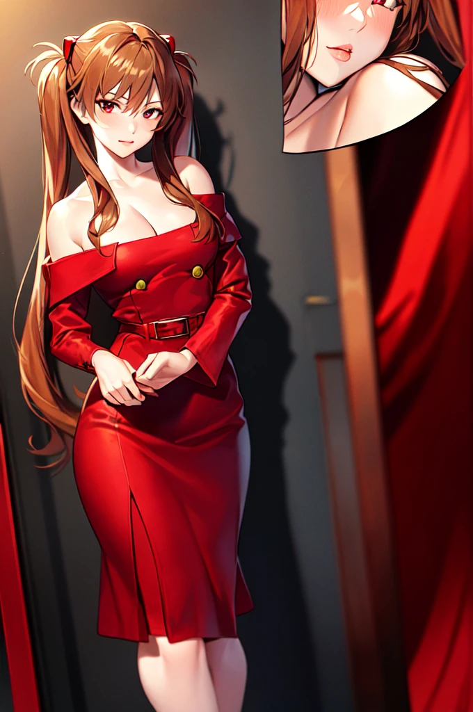 8k, beautiful and detailed, warm lighting, evening, 1girl, souryuu asuka langley, (red maxi dress, dress lifted, white cotton underwear), full body, ((small narrow hips)), mischievous look, sly smile, angry eyes, fancy party, stockings, small frame, jewelry, tease, skinny, long legs,