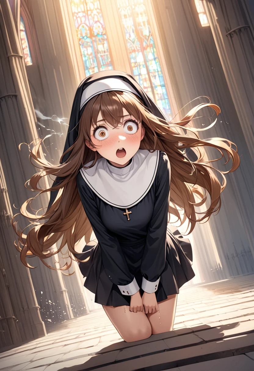detailed illustration, dynamic angle, ultra-detailed, illustration, 1girl, 18 year old, school girl, wavy brown hair, long hair, bright brown eyes, horrofied, shocked look, wide eyes, amazed eyes, blush, flush, orgasm, cumming, surprised, nun outfit, cathedral