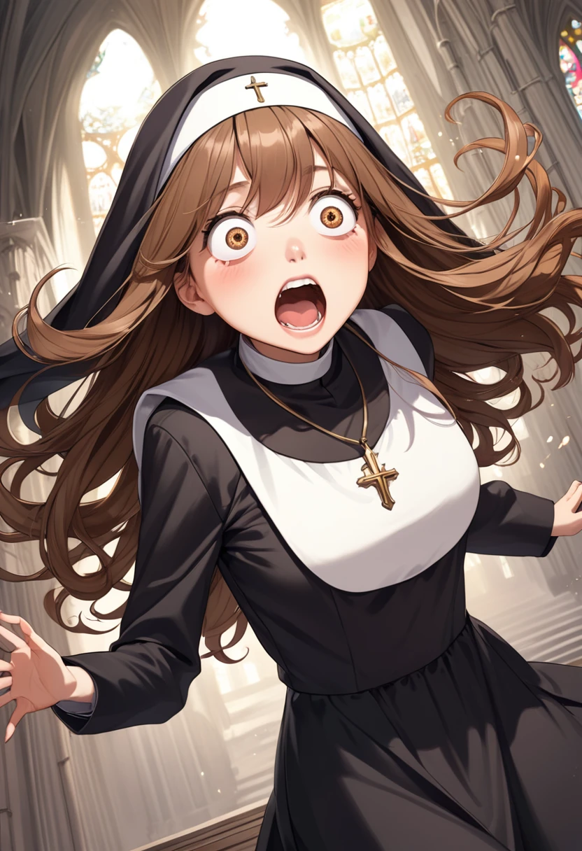 detailed illustration, dynamic angle, ultra-detailed, illustration, 1girl, 18 year old, school girl, wavy brown hair, long hair, bright brown eyes, horrofied, shocked look, wide eyes, amazed eyes, blush, flush, orgasm, cumming, surprised, nun outfit, cathedral