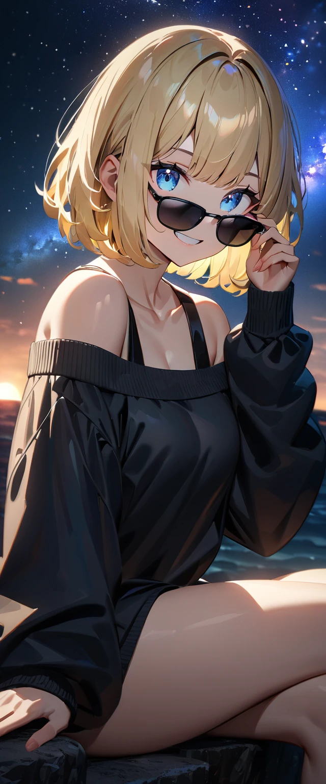 ((grin)), ((off-shoulder sweater:1.3, Quite thick shoulder straps)), ((black sweater)), ((blond hair, bob cut:1.3)), ((sunglasses, hand to sunglasses)), (((from side))), ((((upper body)))), bare legs, ((Leaning to side)), (((a beautiful starry sky, the Milky Way shining beautifully in the night))), ((sitting on the very high cliff)), wavy hair, inward curled hair, ((sea, nature)), breasts, ager, (looking at viewer), oversized clothes, puffy long sleeves, collarbone, head tilt:1.3, (((blue eyes))), happy smile, (((anime style))), (best quality, 4K, 8K, highres, masterpiece:1.2, ultra-detailed, ultra-detailed eyes, HDR, uhd, studio lighting, ultra-fine painting, sharp focus, physically-based rendering, extreme detail description, professional, vivid colors, bokeh)