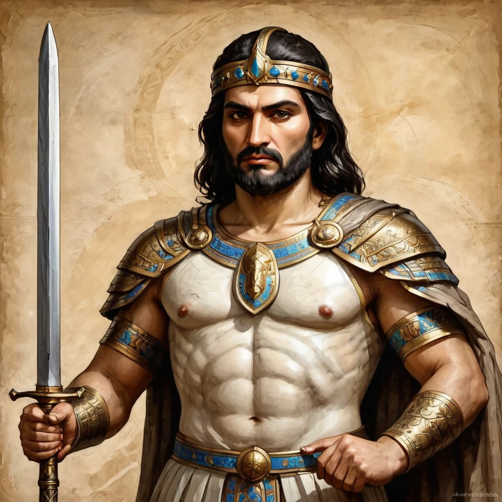 arafed image of a statue of a man holding a sword, an ultrafine detailed painting by Arthur Sarkissian, shutterstock, sots art, great king of stovokor, the god emperor of mankind, portrait of emperor of mankind, maxim sukharev, assyrian, sergey zabelin, painting of samarkand