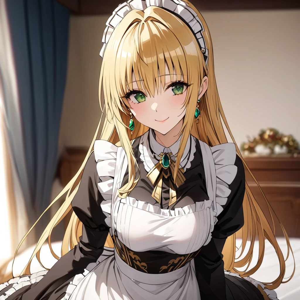 The luxurious and high-class Victorian maid outfit features a lot of gorgeous gold embroidery and edging, and the blouse, apron, and headband also feature gorgeous gold embroidery and edging.、((Highest quality)), ((masterpiece)), (detailed), (Perfect Face)、The woman is Tierre, with green eyes, medium-long blonde hair, a Victorian maid outfit and maid headband, jeweled earrings, and an engagement ring.、The woman is smiling fondly in a luxurious room、The Victorian maid uniform is a calm, old-fashioned type with long sleeves and a long skirt, decorated with luxurious gold embroidery and edging.