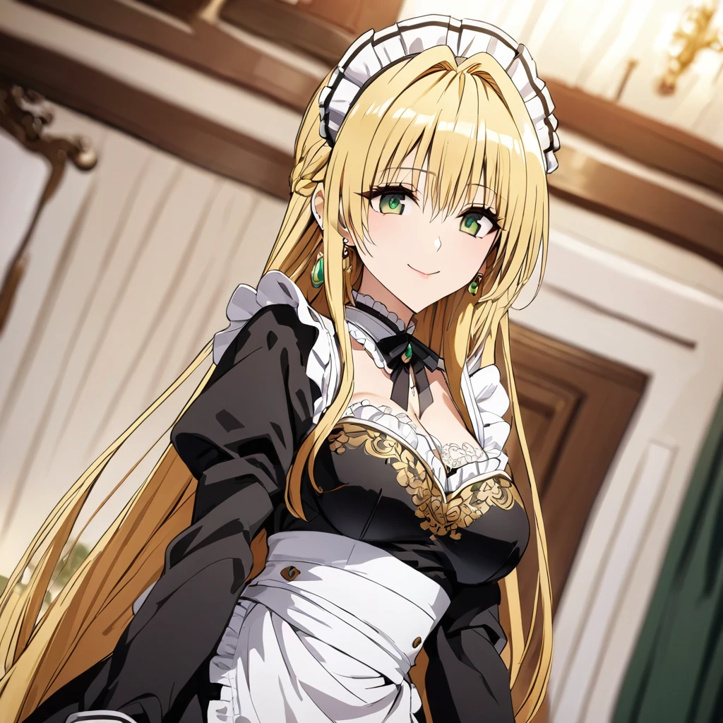 The luxurious and high-class Victorian maid outfit features a lot of gorgeous gold embroidery and edging, and the blouse, apron, and headband also feature gorgeous gold embroidery and edging.、((Highest quality)), ((masterpiece)), (detailed), (Perfect Face)、The woman is Tierre, with green eyes, medium-long blonde hair, a Victorian maid outfit and maid headband, jeweled earrings, and an engagement ring.、The woman is smiling fondly in a luxurious room、The Victorian maid uniform is a calm, old-fashioned type with long sleeves and a long skirt, decorated with luxurious gold embroidery and edging.