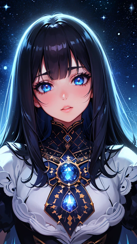 1girl, beautiful detailed eyes, beautiful detailed lips, extremely detailed face, long eyelashes, kawaii aesthetic, blue eyes, black hair with bangs, starry night sky, fantasy, cosmic, ethereal, dreamlike, vibrant colors, glowing, cinematic lighting, 8k, high resolution, intricate details, masterpiece