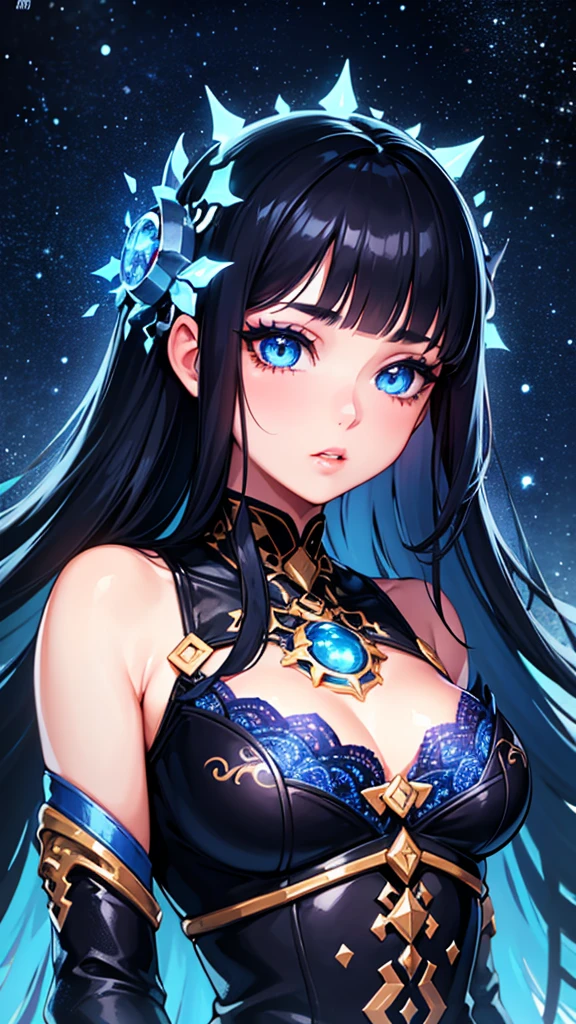 1girl, beautiful detailed eyes, beautiful detailed lips, extremely detailed face, long eyelashes, kawaii aesthetic, blue eyes, black hair with bangs, starry night sky, fantasy, cosmic, ethereal, dreamlike, vibrant colors, glowing, cinematic lighting, 8k, high resolution, intricate details, masterpiece