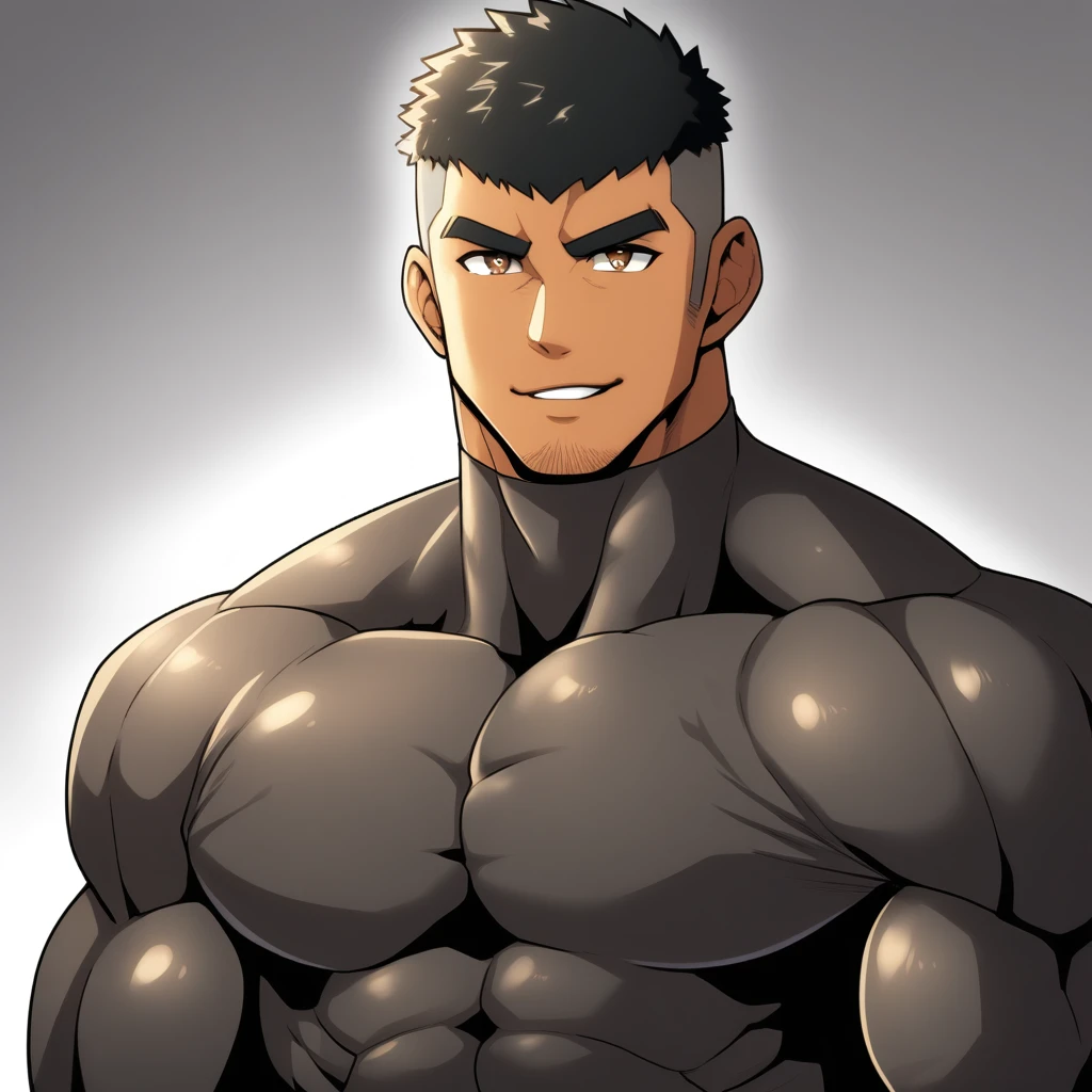 anime characters：Gyee, Muscle Sports Student, negro black skin, 1 dark skin muscular tough guy, Manliness, male focus, Brown long-sleeved high-neck fitness tights, Very tight, Round, full and perky chest muscles, Perfect waist line, Slightly transparent, muscular male, muscular, only, Upper body, alone, Black short hair, Thick eyebrows, stubble, Brown eyes, Grey background, simple background, amazing quality, best aesthetics, Ridiculous, bright pupils, crew cut, parted lips, seductive smile, torogao, naughty face, best quality