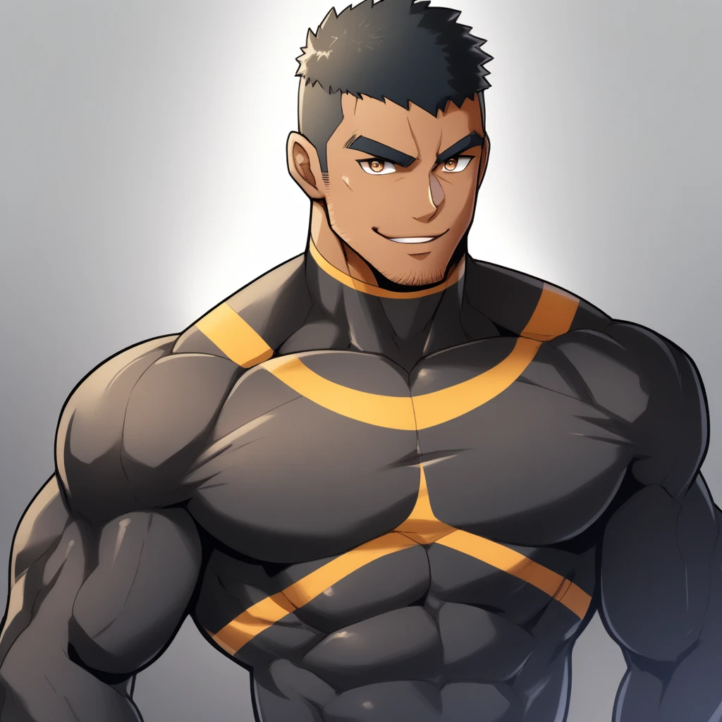 anime characters:Gyee, Muscle Sports Student, negro black skin, 1 dark skin muscular tough guy, Manliness, male focus, Brown long-sleeved high-neck fitness tights, Very tight, Round, full and perky chest muscles, Perfect waist line, Slightly transparent, muscular male, muscular, only, Upper body, alone, Black short hair, Thick eyebrows, stubble, Brown eyes, Grey background, simple background, amazing quality, best aesthetics, Ridiculous, bright pupils, crew cut, parted lips, seductive smile, torogao, naughty face, best quality