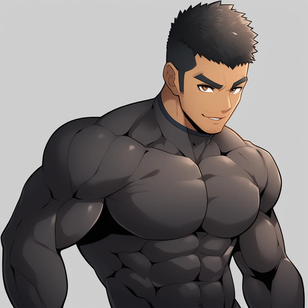 anime characters：Gyee, Muscle Sports Student, negro black skin, 1 dark skin muscular tough guy, Manliness, male focus, Brown long-sleeved high-neck fitness tights, Very tight, Round, full and perky chest muscles, Perfect waist line, Slightly transparent, muscular male, muscular, only, Upper body, alone, Black short hair, Thick eyebrows, stubble, Brown eyes, Grey background, simple background, amazing quality, best aesthetics, Ridiculous, bright pupils, crew cut, parted lips, seductive smile, torogao, naughty face, best quality