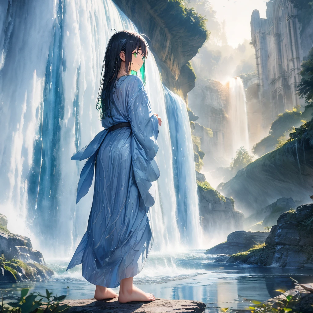 (background the Ruins of Fountains Abbey, blue theme):1.21, (detailed line art, watercolor painting, aesthetic art, light tone):1.3, (masterpiece, photo_real, official art, octane-render):1.4,
(1 cherubic face girl), magnificent view, whole surface waterfall, dynamism, power, (water reflection:1.1), waterfall (splash:1.3), (ripple:0.95), fantastic, gentle breeze, 1 girl, Back view of girl praying on Center of waterfall, from back, smile, (in blue yukata), barefoot, (((perfect foot))), playful, (((girl in waterfall))), ((wet hair)), (detailed green eyes, jet-black hair,colored inner green ombre hair multicolored hair,antenna hair):1.21, nape, (subjective perspective), dense and delicate clothes, ethereal lighting,dim lighting), (Deformed),