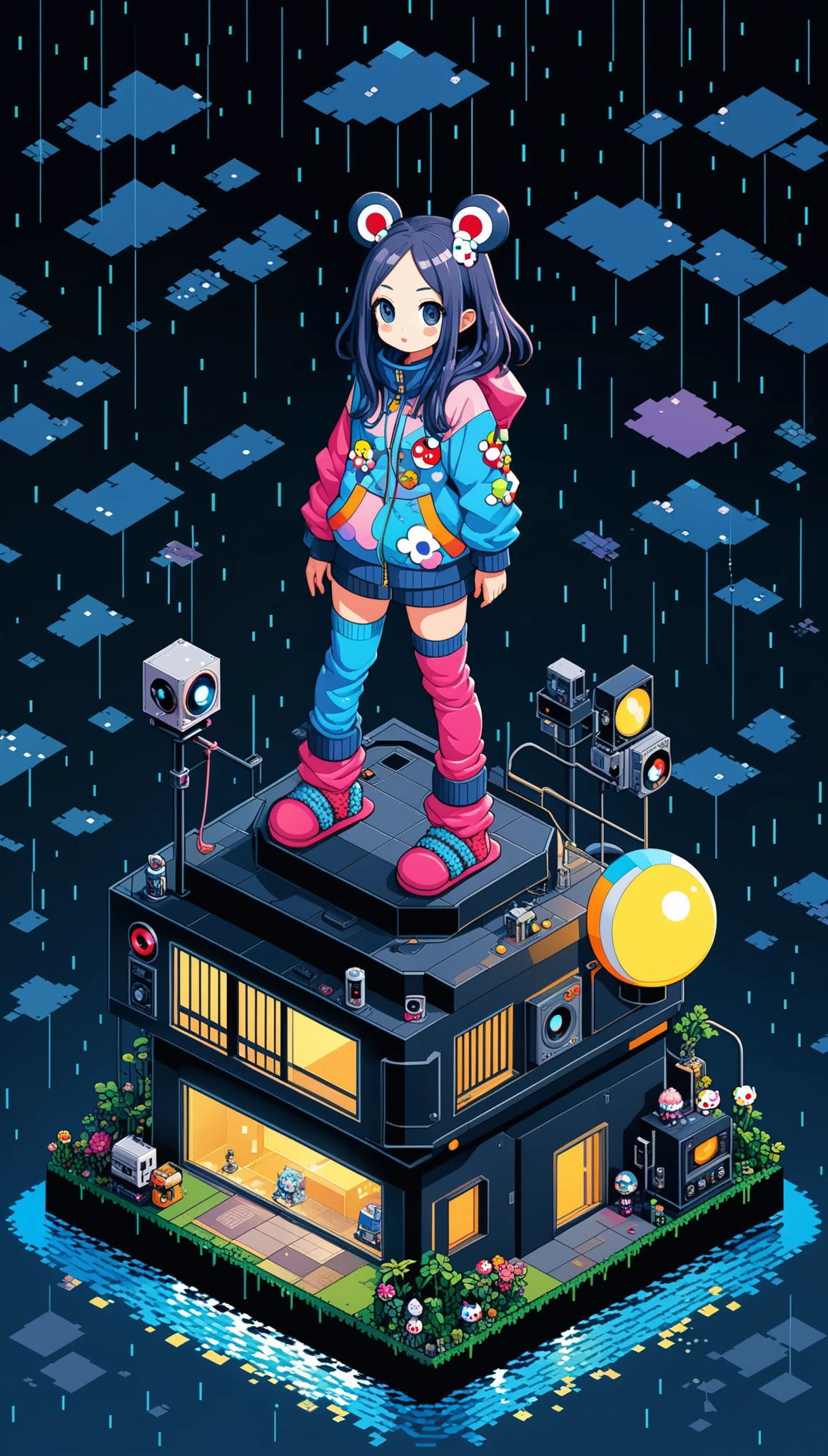 (Isometric Perspective style:1.5),in style of Takashi Murakami, character concept design, legs，fullbdoy shot,(((oversize leg warmers))),wide angle, form below,oversize clothes,leaning forward,sit on the edge of the tank,
(((pixel style)))，night,point light,dark,shadow,rain,