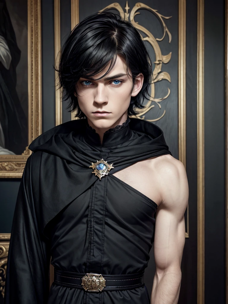 (best quality), 1boy, ), Male, pale skin, black hair, short hair, swept bangs, tousled hair, blue eyes, perfect eyes, strong jawline, scowl, royal clothes, (dark fantasy), gothic, fully clothed, masterpiece, anatomically correct, highres
