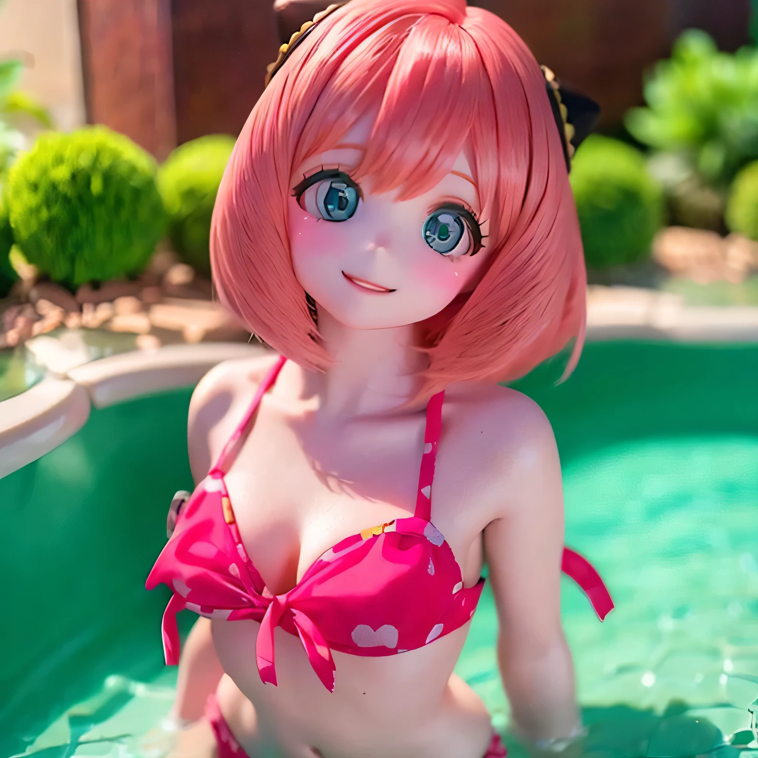 (Highest quality,4K,High resolution,masterpiece:1.2),Very detailed,Realistic,Beautiful details,Beautiful lip detail,Long eyelashes,Pink Hair,short hair,smile,5 year old girl, (bikini),Cute expression,Hilarious,Playful,Girlish,Bokeh,Soft lighting,Stand up in the pool