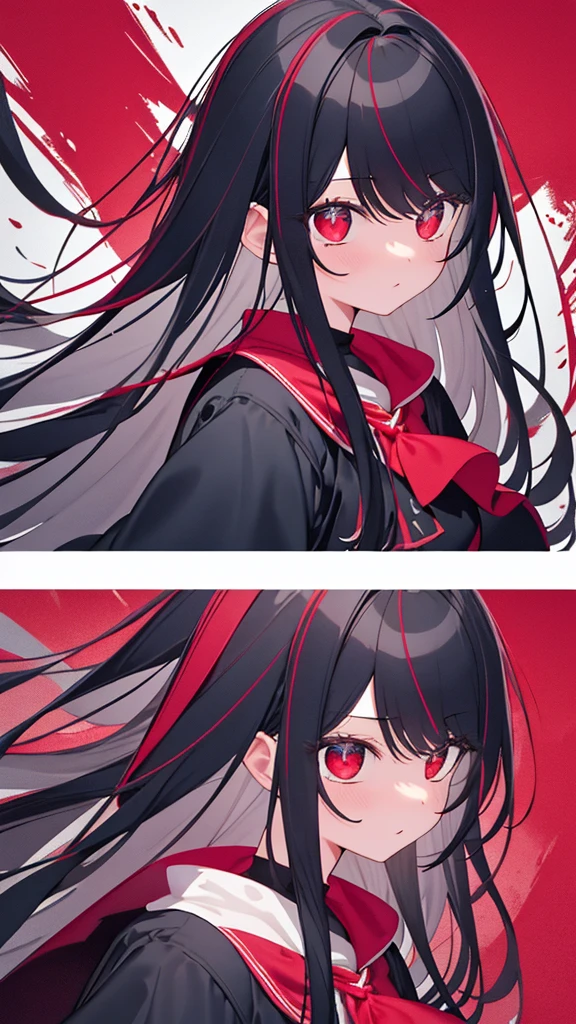 monochrome color, Red Art, grayscales、masterpiece、top-quality、Top image quality、straight haired、Hanging eyes、kawaii、A darK-haired、red eyes、Uniforms、the wind、