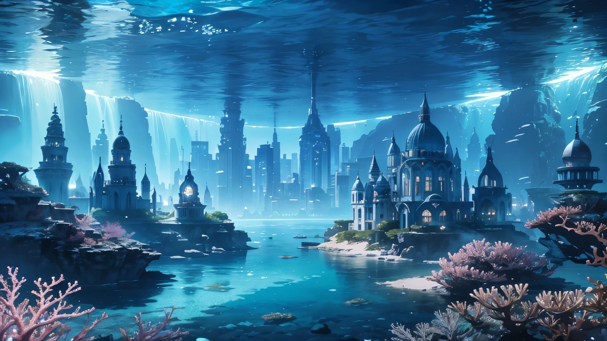 A fantastical and serene deep-sea city. Viewed from the ocean floor looking up towards the water surface. The city is very large with futuristic buildings, domes, and spires. Completely submerged in clear blue and pink water. The entire city is covered by a large dome-shaped glass structure. The scene has a tranquil and calming atmosphere. Soft glowing lights illuminate the city. The water surface above glitters with sunlight, creating beautiful patterns. The city emits a quiet, artificial light. Surrounded by vibrant marine life and coral formations. The water is deeper, adding to the mysterious and serene feeling. The image is high-resolution, realistic, and in 4K. Capturing the enchanting beauty of the underwater city.