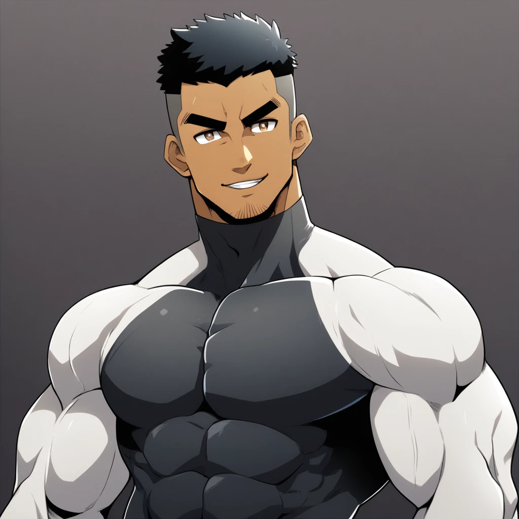 anime characters:Gyee, Muscle Sports Student, ????? black skin, 1 dark skin muscular tough guy, Manliness, male focus, Brown long-sleeved high-neck fitness tights, Very tight, Round, full and perky chest muscles, Perfect waist line, Slightly transparent, muscular male, muscular, only, Upper body, alone, Black short hair, Thick eyebrows, stubble, Brown eyes, Grey background, simple background, amazing quality, best aesthetics, Ridiculous, bright pupils, crew cut, parted lips, seductive smile, torogao, naughty face, best quality