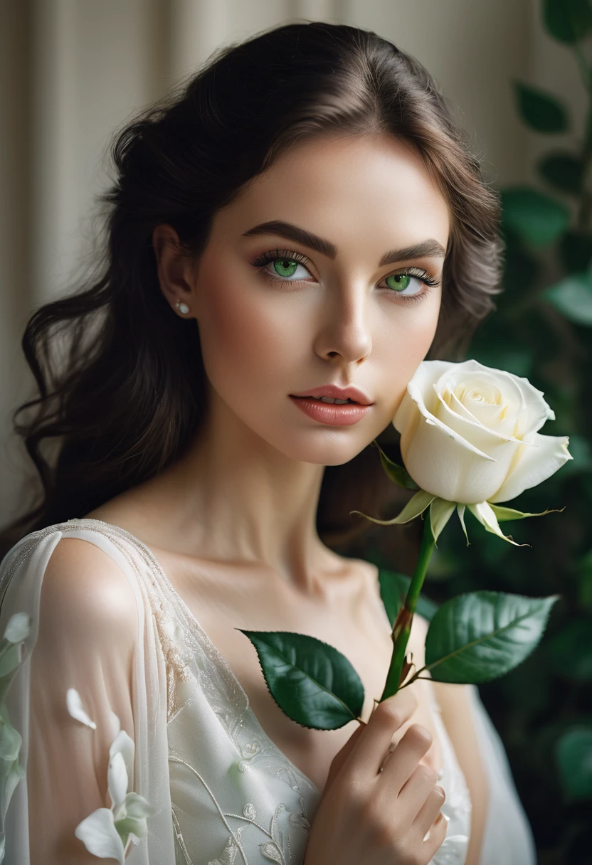 a woman with green eyes, flawless skin, half body shot, holding a white rose, whimsical photography style, captured with an Arriflex 35BL camera using Canon K25 prime lenses, cinematic, dramatic lighting, ultra clear, breathtaking surreal masterpiece.