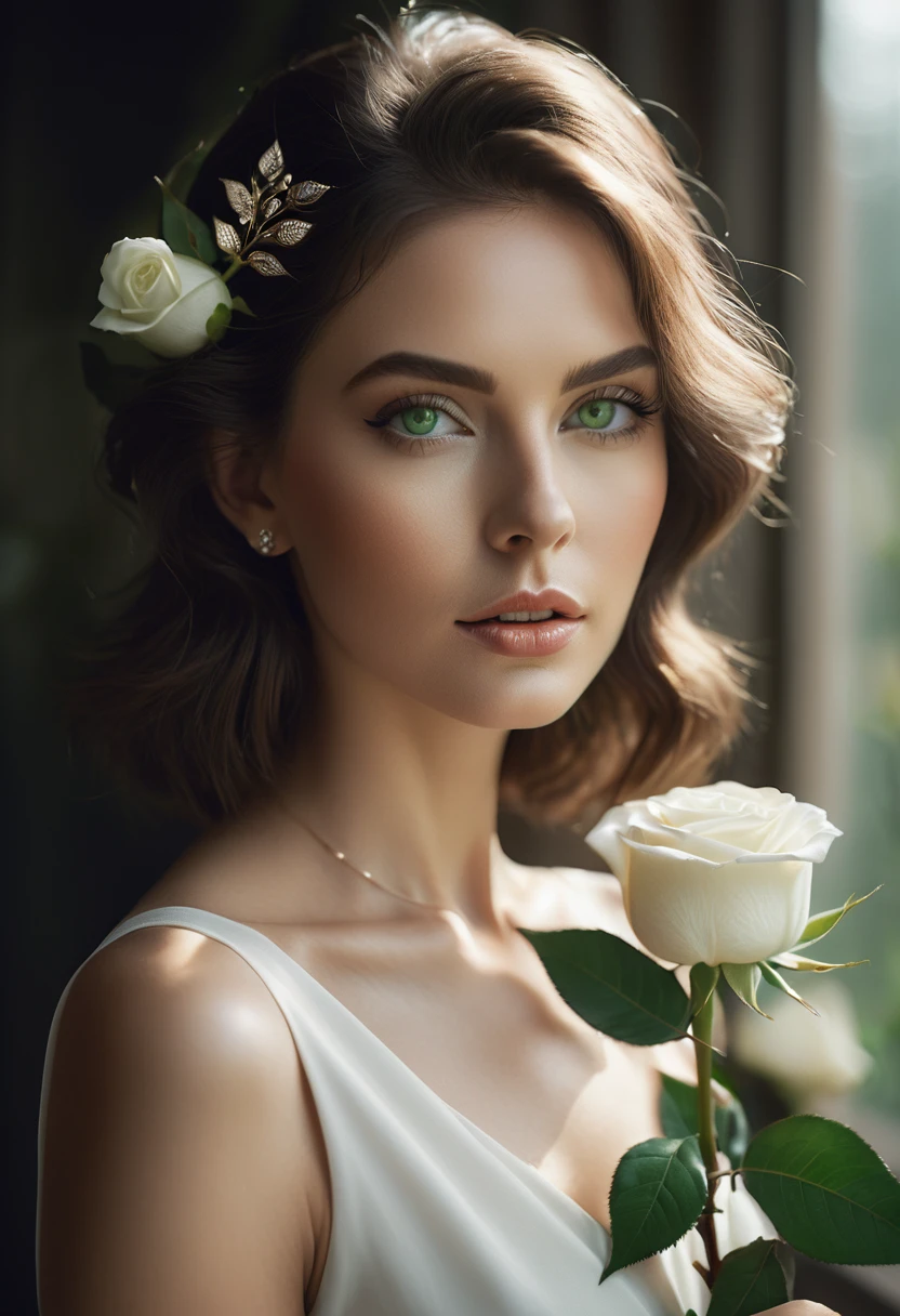 a woman with green eyes, flawless skin, half body shot, holding a white rose, whimsical photography style, captured with an Arriflex 35BL camera using Canon K25 prime lenses, cinematic, dramatic lighting, ultra clear, breathtaking surreal masterpiece.
