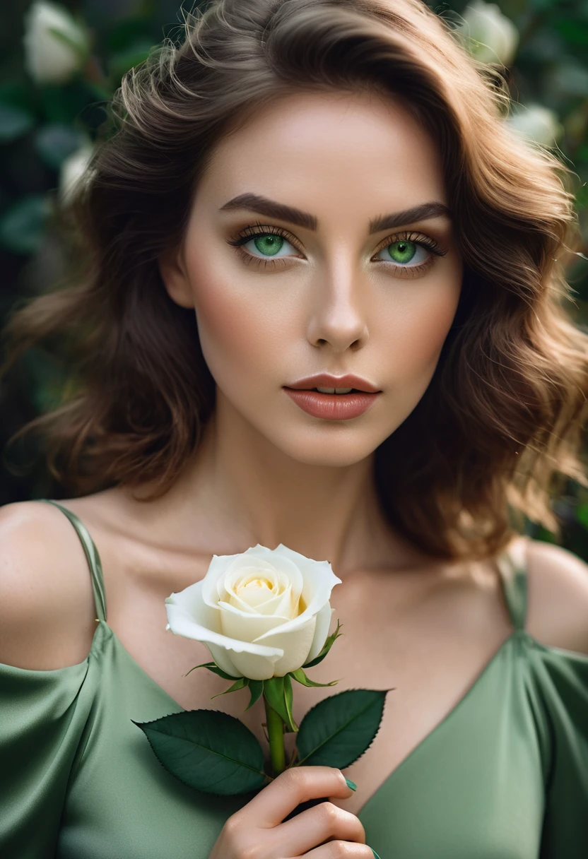 a woman with green eyes, flawless skin, half body shot, holding a white rose, whimsical photography style, captured with an Arriflex 35BL camera using Canon K25 prime lenses, cinematic, dramatic lighting, ultra clear, breathtaking surreal masterpiece.