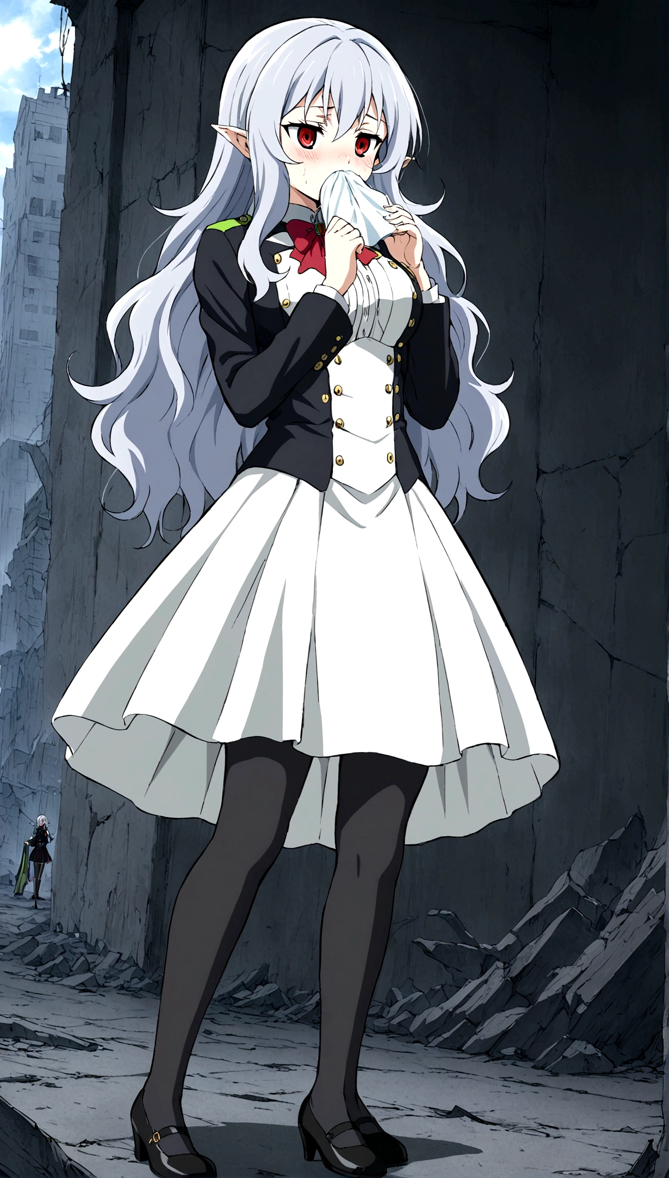 Anime. Owari no Seraph. 1 Girl. Dear . A vampire. Progenitor Clumsy. Silver hair. Wavy hair. Long hair. Red eyes. Beautiful eyes. Perfect eyes. Expressive eyes. Ideal face. Perfect body. Beautiful long ones. legs. Beautiful nose. 18 years. Big breasts. Standing. Full length Beautiful character design. Shiny skin. Pointy ears. White dress. Vampire uniform dress from
Owari no Seraph. Black stockings. Heeled shoes. Cold. Runny nose. Nasal mucus. Snot. Snot flows from the nose. She wants to sneeze. She needs to sneeze. She has a strong, desperate urge to sneeze. She sneezed. Sneezes with snot. Sneezes while standing upright. He sneezes, covering his nose with his hands. Handkerchief. Hands with a handkerchief near the face. Blows his nose. Ruins of Tokyo. Full body. NSWF. Official art. Extremely detailed CG Unity 8k wallpaper. Ideal lighting. Ultra high resolution 4K. Super detailed 8K. A high resolution.