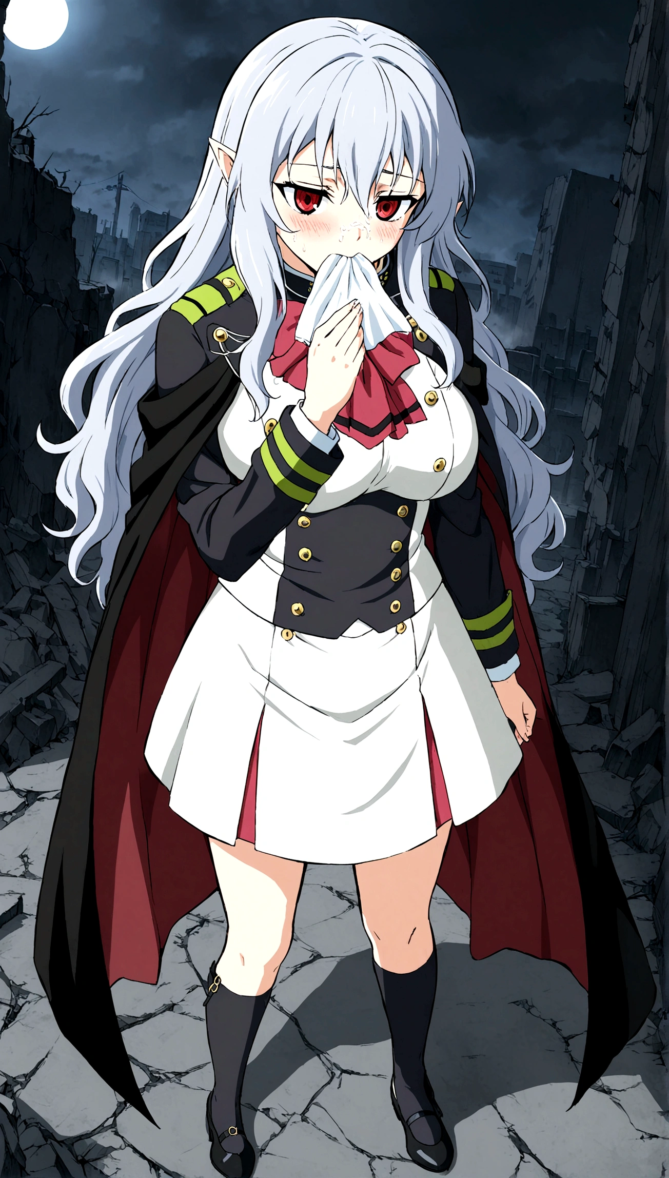 Anime. Owari no Seraph. 1 Girl. Dear . A vampire. Progenitor Clumsy. Silver hair. Wavy hair. Long hair. Red eyes. Beautiful eyes. Perfect eyes. Expressive eyes. Ideal face. Perfect body. Beautiful long ones. legs. Beautiful nose. 18 years. Big breasts. Standing. Full length Beautiful character design. Shiny skin. Pointy ears. White dress. Vampire uniform dress from
Owari no Seraph. Black stockings. Heeled shoes. Cold. Runny nose. Nasal mucus. Snot. Snot flows from the nose. She wants to sneeze. She needs to sneeze. She has a strong, desperate urge to sneeze. She sneezed. Sneezes with snot. Sneezes while standing upright. He sneezes, covering his nose with his hands. Handkerchief. Hands with a handkerchief near the face. Blows his nose. Ruins of Tokyo. Full body. NSWF. Official art. Extremely detailed CG Unity 8k wallpaper. Ideal lighting. Ultra high resolution 4K. Super detailed 8K. A high resolution.