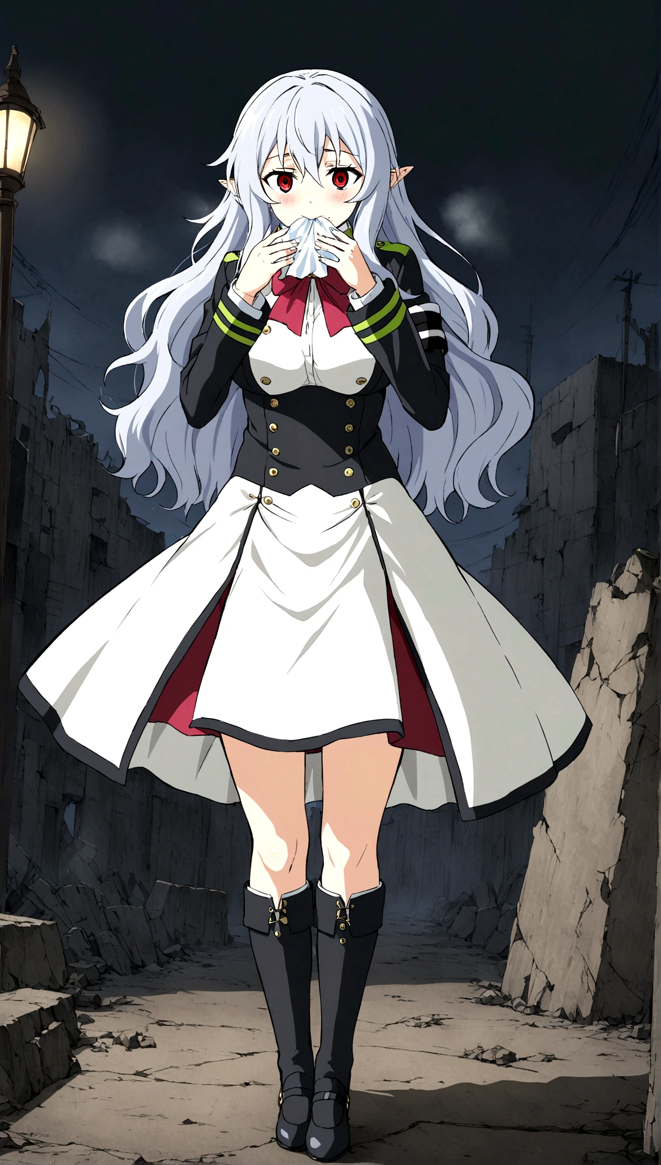 Anime. Owari no Seraph. 1 Girl. Dear . A vampire. Progenitor Clumsy. Silver hair. Wavy hair. Long hair. Red eyes. Beautiful eyes. Perfect eyes. Expressive eyes. Ideal face. Perfect body. Beautiful long ones. legs. Beautiful nose. 18 years. Big breasts. Standing. Full length Beautiful character design. Shiny skin. Pointy ears. White dress. Vampire uniform dress from
Owari no Seraph. Black stockings. Heeled shoes. Cold. Runny nose. Nasal mucus. Snot. Snot flows from the nose. She wants to sneeze. She needs to sneeze. She has a strong, desperate urge to sneeze. She sneezed. Sneezes with snot. Sneezes while standing upright. He sneezes, covering his nose with his hands. Handkerchief. Hands with a handkerchief near the face. Blows his nose. Ruins of Tokyo. Full body. NSWF. Official art. Extremely detailed CG Unity 8k wallpaper. Ideal lighting. Ultra high resolution 4K. Super detailed 8K. A high resolution.