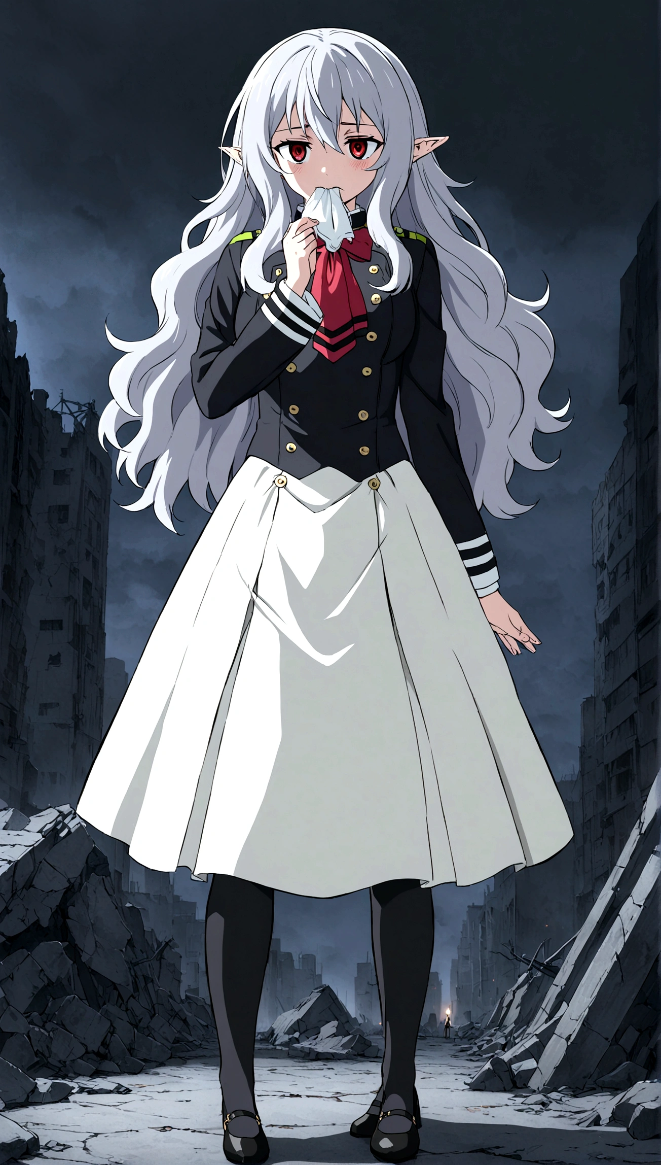 Anime. Owari no Seraph. 1 Girl. Dear . A vampire. Progenitor Clumsy. Silver hair. Wavy hair. Long hair. Red eyes. Beautiful eyes. Perfect eyes. Expressive eyes. Ideal face. Perfect body. Beautiful long ones. legs. Beautiful nose. 18 years. Big breasts. Standing. Full length Beautiful character design. Shiny skin. Pointy ears. White dress. Vampire uniform dress from
Owari no Seraph. Black stockings. Heeled shoes. Cold. Runny nose. Nasal mucus. Snot. Snot flows from the nose. She wants to sneeze. She needs to sneeze. She has a strong, desperate urge to sneeze. She sneezed. Sneezes with snot. Sneezes while standing upright. He sneezes, covering his nose with his hands. Handkerchief. Hands with a handkerchief near the face. Blows his nose. Ruins of Tokyo. Full body. NSWF. Official art. Extremely detailed CG Unity 8k wallpaper. Ideal lighting. Ultra high resolution 4K. Super detailed 8K. A high resolution.