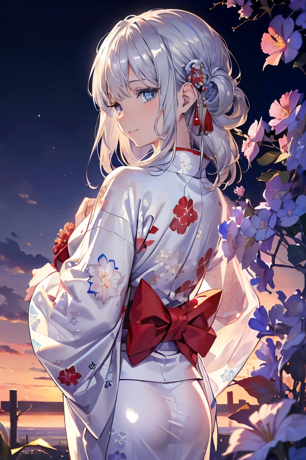 Anime girl in kimono outfit standing in front of flowers - SeaArt AI