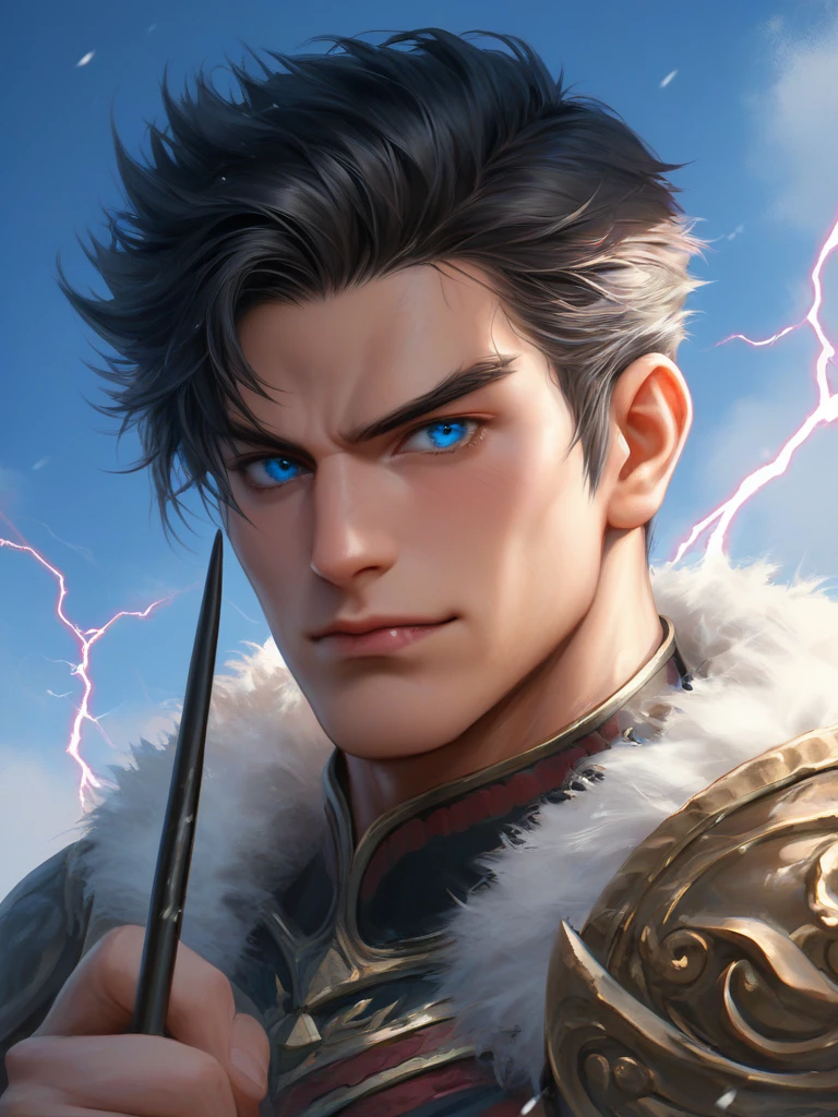  Masterpiece, Highest quality, war, cold weather, realistic, 1 person, mature man, A quiet and charming young man., 30 years old, Portrait, ใบหน้าที่Highly detailed,Masterpiece,best quality,Highly detailed,very detailed, Levi Buman, armor,(Broad shoulders)) (muscle), alone, black hair,blue eyes, muscle shoulder armor, Holding, look at viewer, Holding black stick, Digital Artwork, black short hair, belt, sky, cloud, electricity, upper body,Fang Tian Hua Ji, gag, blue eyes,ชุดarmorอัศวินสีดำ ,Fang Tian Hua Ji, black wool shawl(Masterpiece,best quality,special, (Broad shoulders)) (muscle), focus man,ถือหอกแทงsky, 