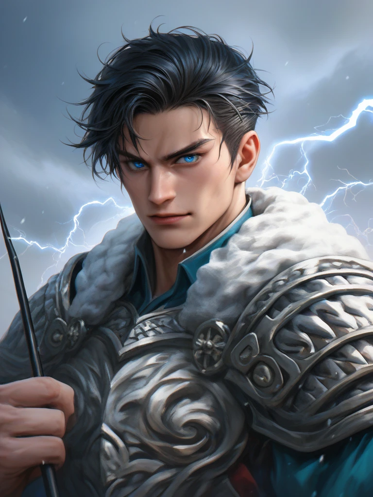  Masterpiece, Highest quality, war, cold weather, realistic, 1 person, mature man, A quiet and charming young man., 30 years old, Portrait, ใบหน้าที่Highly detailed,Masterpiece,best quality,Highly detailed,very detailed, Levi Buman, armor,(Broad shoulders)) (muscle), alone, black hair,blue eyes, muscle shoulder armor, Holding, look at viewer, Holding black stick, Digital Artwork, black short hair, belt, sky, cloud, electricity, upper body,Fang Tian Hua Ji, gag, blue eyes,ชุดarmorอัศวินสีดำ ,Fang Tian Hua Ji, black wool shawl(Masterpiece,best quality,special, (Broad shoulders)) (muscle), focus man,ถือหอกแทงsky, 