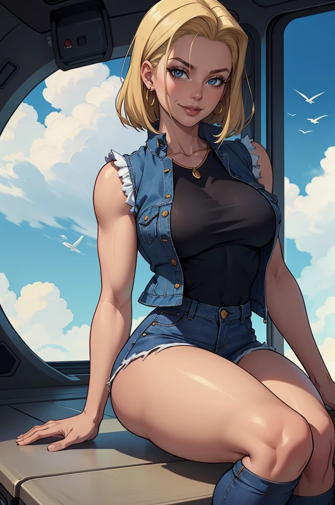 Android 18  cute style, 8k, hdr, ureal engine, ultra quality, sitting,  clothes, long breasts,detailed realistic, blond toned hair, black tub top, blue jeans shorts, golden earrings, aura ki, full body,(anatomia perfeita:1.4), altamente detalhado, (voando:1.3), céu azul, luz do dia, verão,, andróide18, brincos, jeans, cinto, cabelo loiro, olhos azuis, cabelo curto, joia, (jeans vest:1.2), colete aberto, meia-, Camisa preta, jeans skirt, (no pants), (mangas compridas listradas brancas), saia azul, flying, aura ki, goodness

