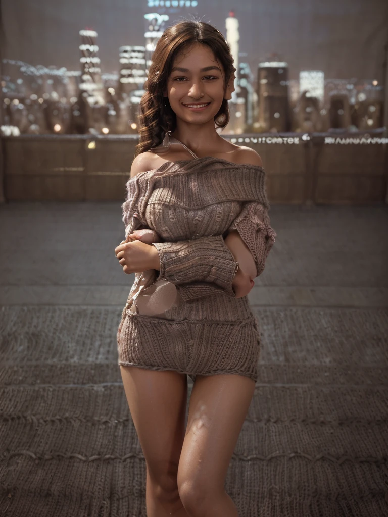 1girl, (off-shoulder knitwear:1.6),(RAW photo, best quality), (realistic, photorealistic:1.4), masterpiece, extremely delicate and beautiful 2k wallpaper, with extremely detailed, breathtaking, extremely finely detailed, extremely detailed CG unity 8k wallpaper, ultra detailed, high resolution, soft light, beautiful detailed girl, eyes and face that Very detailed, beautifully detailed nose, beautifully detailed eyes. (Cinematic lighting: 1.4), (Modern cityscape at night: 2.0) Perfect anatomy, (Slim figure: 1.2), (Closed face: 1.8), (Gentle, friendly, warm smile: 2.0), (Look Viewers:1.8),(Japanese idols:1.8),(Long curly hair:1.6) , (Brown eyes:1.8),(Standing and posing:2.0),