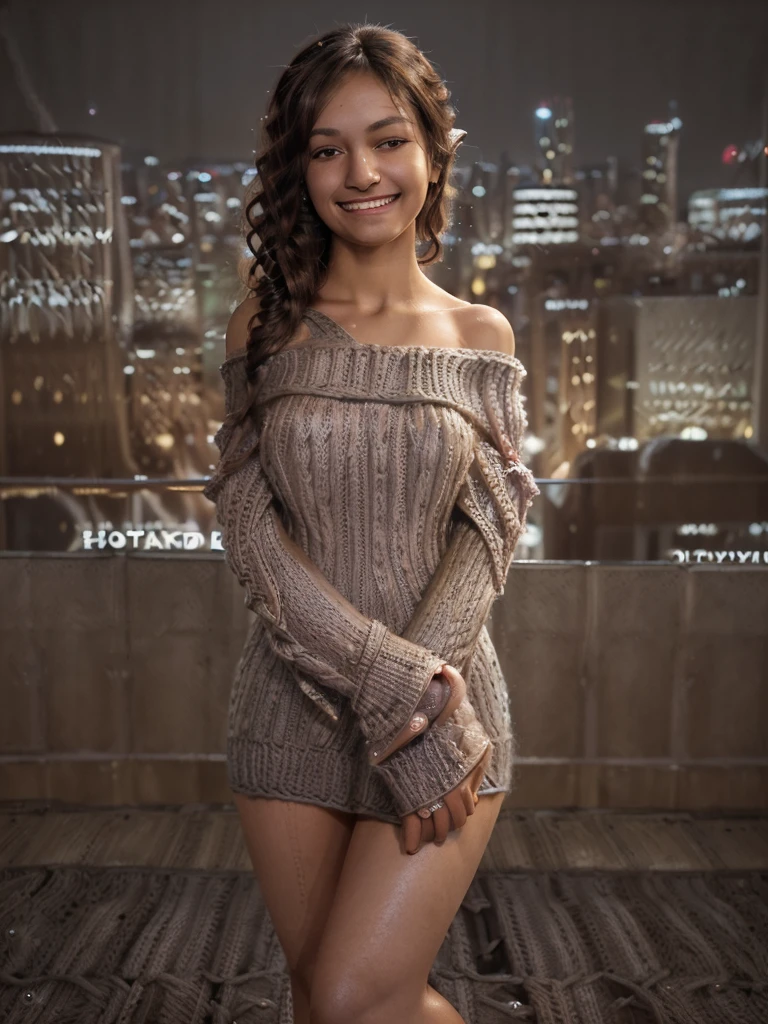 1girl, (off-shoulder knitwear:1.6),(RAW photo, best quality), (realistic, photorealistic:1.4), masterpiece, extremely delicate and beautiful 2k wallpaper, with extremely detailed, breathtaking, extremely finely detailed, extremely detailed CG unity 8k wallpaper, ultra detailed, high resolution, soft light, beautiful detailed girl, eyes and face that Very detailed, beautifully detailed nose, beautifully detailed eyes. (Cinematic lighting: 1.4), (Modern cityscape at night: 2.0) Perfect anatomy, (Slim figure: 1.2), (Closed face: 1.8), (Gentle, friendly, warm smile: 2.0), (Look Viewers:1.8),(Japanese idols:1.8),(Long curly hair:1.6) , (Brown eyes:1.8),(Standing and posing:2.0),