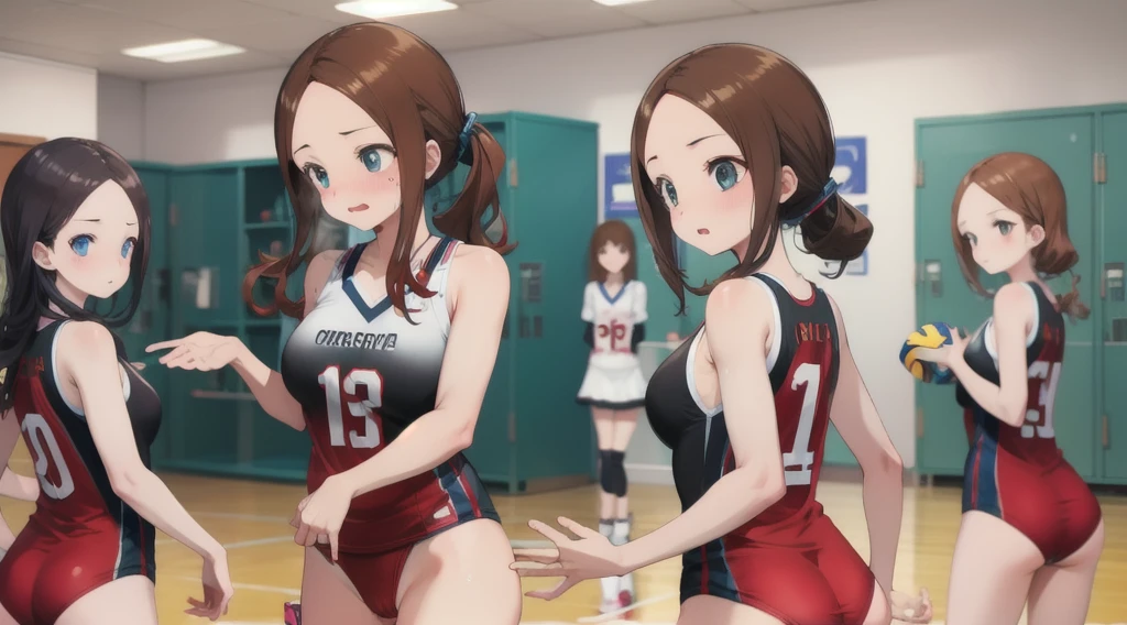 (masterpiece, best quality, high quality, ultra detailed, extremely detailed, ultra high res, best aesthetic, 8k),
(4girls:1.5), (group of 4), ((volleyball player take off volleyball ware)), (show off panties), (various colors panties:1.2), (glamorous), large breasts, high detailed face, cute face, 17 years old, thoughtful glance, (two legs), smile, (whore), (nose blush), sweat, steam,
BREAK,
various hairstyles, beautiful eyes, beautiful ass, (looking away), (cowboy shot),
BREAK,
(sleeveless volleyball ware),
BREAK,
(indoors), changing clothes room, (locker room),