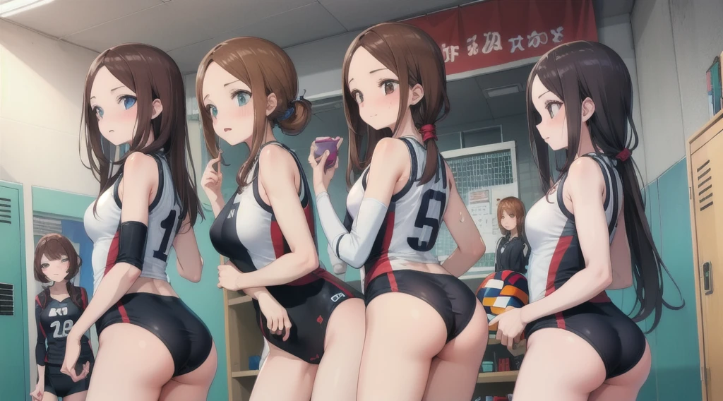 (masterpiece, best quality, high quality, ultra detailed, extremely detailed, ultra high res, best aesthetic, 8k),
(4girls:1.5), (group of 4), ((volleyball player take off volleyball ware)), (show off panties), (various colors panties:1.2), (glamorous), large breasts, high detailed face, cute face, , thoughtful glance, (two legs), smile, (whore), (nose blush), sweat, steam,
BREAK,
various hairstyles, beautiful eyes, beautiful ass, (looking away), (cowboy shot),
BREAK,
(sleeveless volleyball ware),
BREAK,
(indoors), changing clothes room, (locker room),