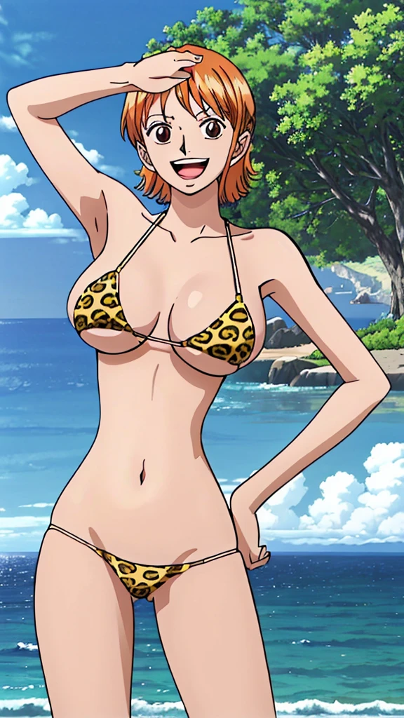 (masterpiece, 4K, Highest quality, anime style: 1.9, Detailed face, Lovely, Ocean,bold, High resolution, anime, Lake 4. alone, Curvaceous, Very slim belly, Cowboy Shot, 1 Girl,,(Leopard print micro bikini),,smile,Inviting face,View your audience,Big Breasts,Naked in a swimsuit,one piece,US,Put your hands on your head