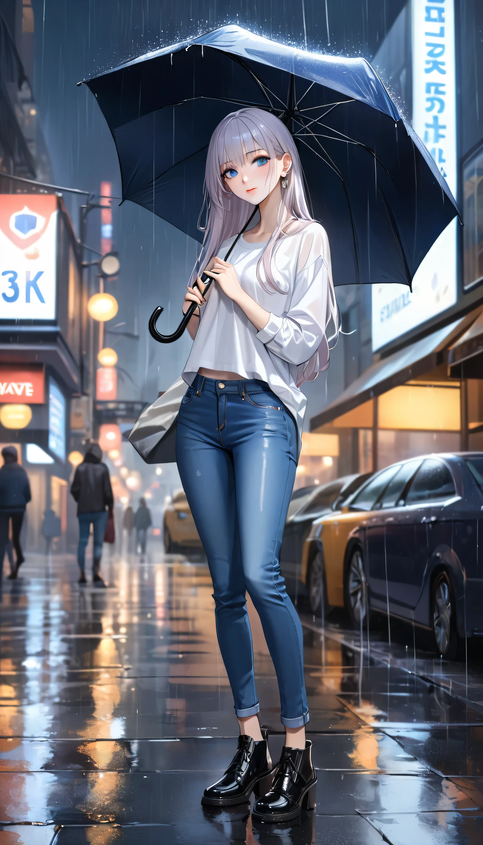 ((Highest quality, masterpiece:1.3, 8K)), (detailed), highly detailed face and skin texture, detailed eyes, Downtown, whole body, Seductive pose, Slender body, One girl, Age 25, White skin, Bright lips, Captivating smile, Long Hair, (amount:1.0), Stylish tops, Jeans pants, Skinny jeans, Blue Jeans, footwear,(((heavy rain))),Sheltering from the Rain,(((Holding an umbrella in his right hand))),